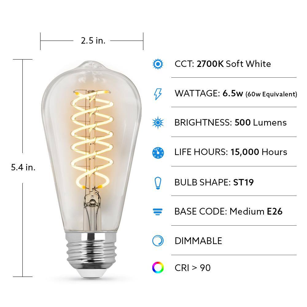 Feit Electric 60-Watt Equivalent ST19 Dimmable Spiral Filament Clear Glass E26 Vintage Edison LED Light Bulb Soft White (4-Pack) ST1960SCL927CAHDRP4