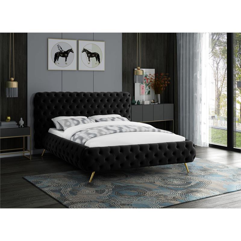 Meridian Furniture Delano Solid Wood Tufted Velvet Queen Bed in Black