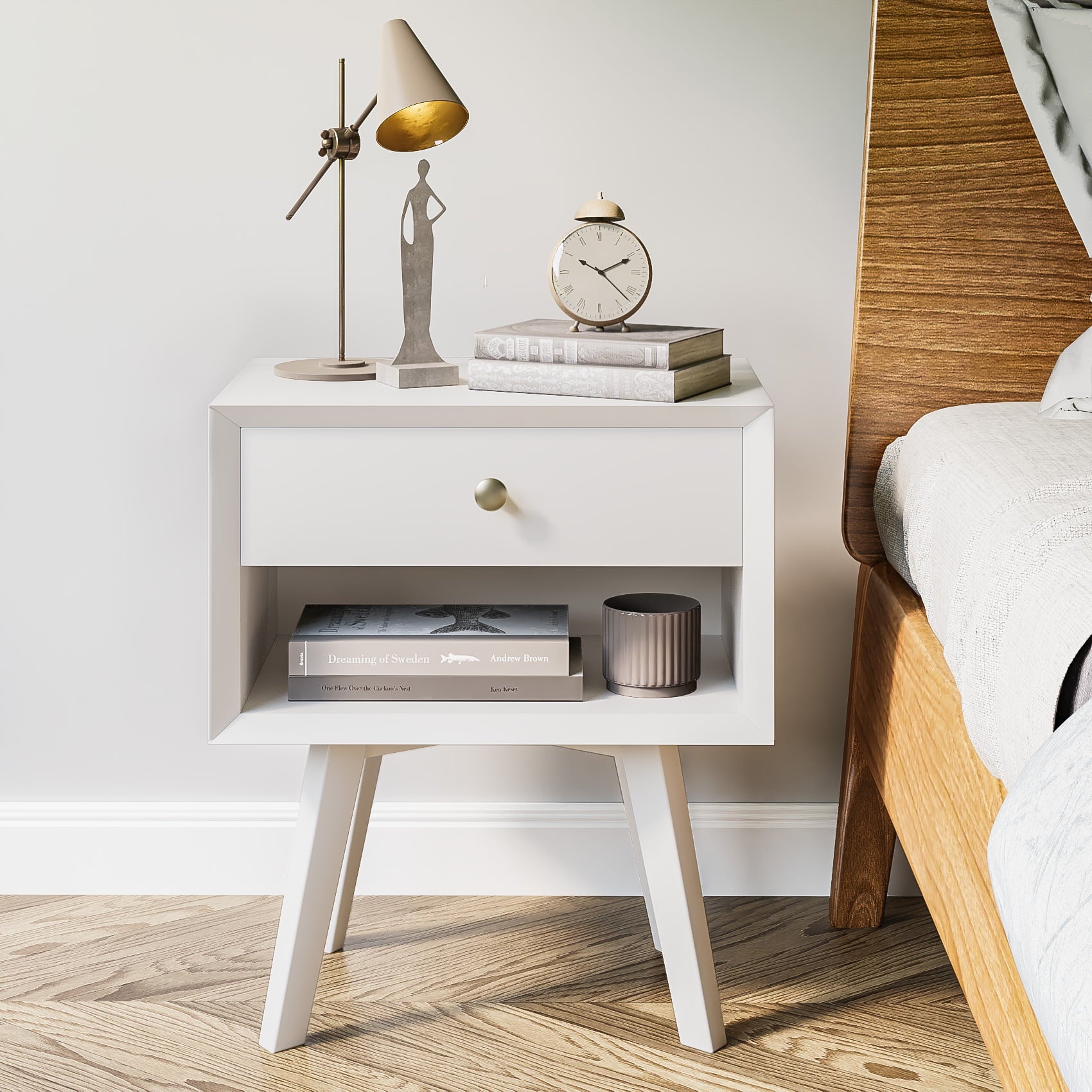 Algherohein Classic 1 Drawer White Finish Nightstands for Bedroom