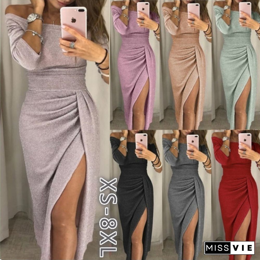 Women Off Shoulder Party Dresses High Slit Bodycon Dress Long Sleeve Fashion Prom Dress Skirt Plus Size Xs-8Xl