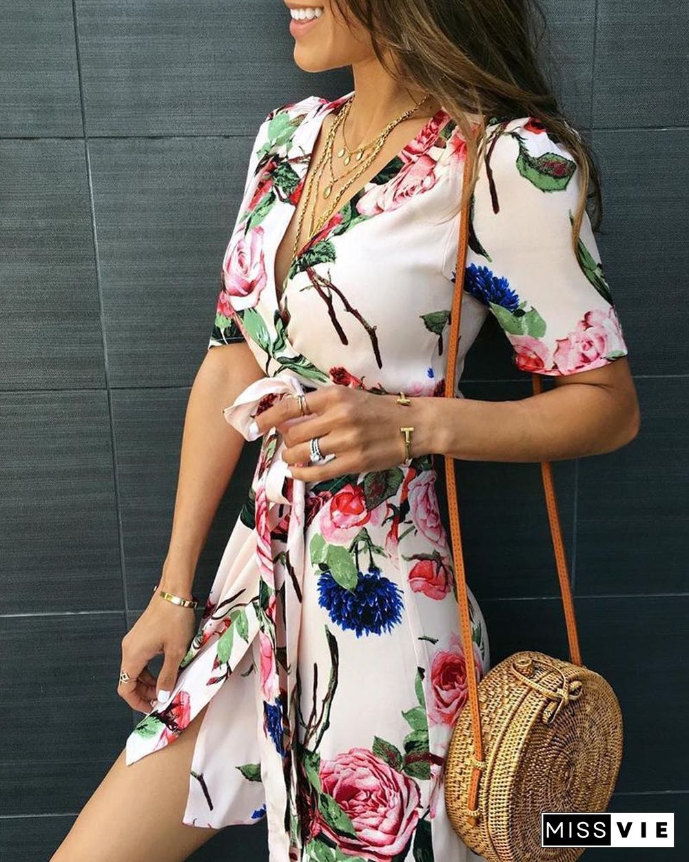 Floral Print V-Neck Wrap Casual Dress P11957