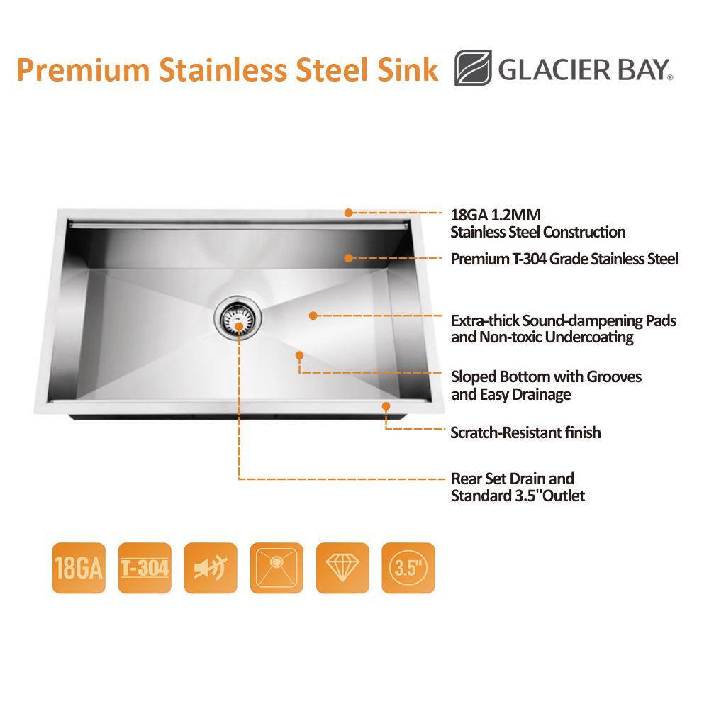 Glacier Bay Zero Radius Undermount 18G Stainless Steel 30 in. Single Bowl Workstation Kitchen Sink with Accessories 4304F