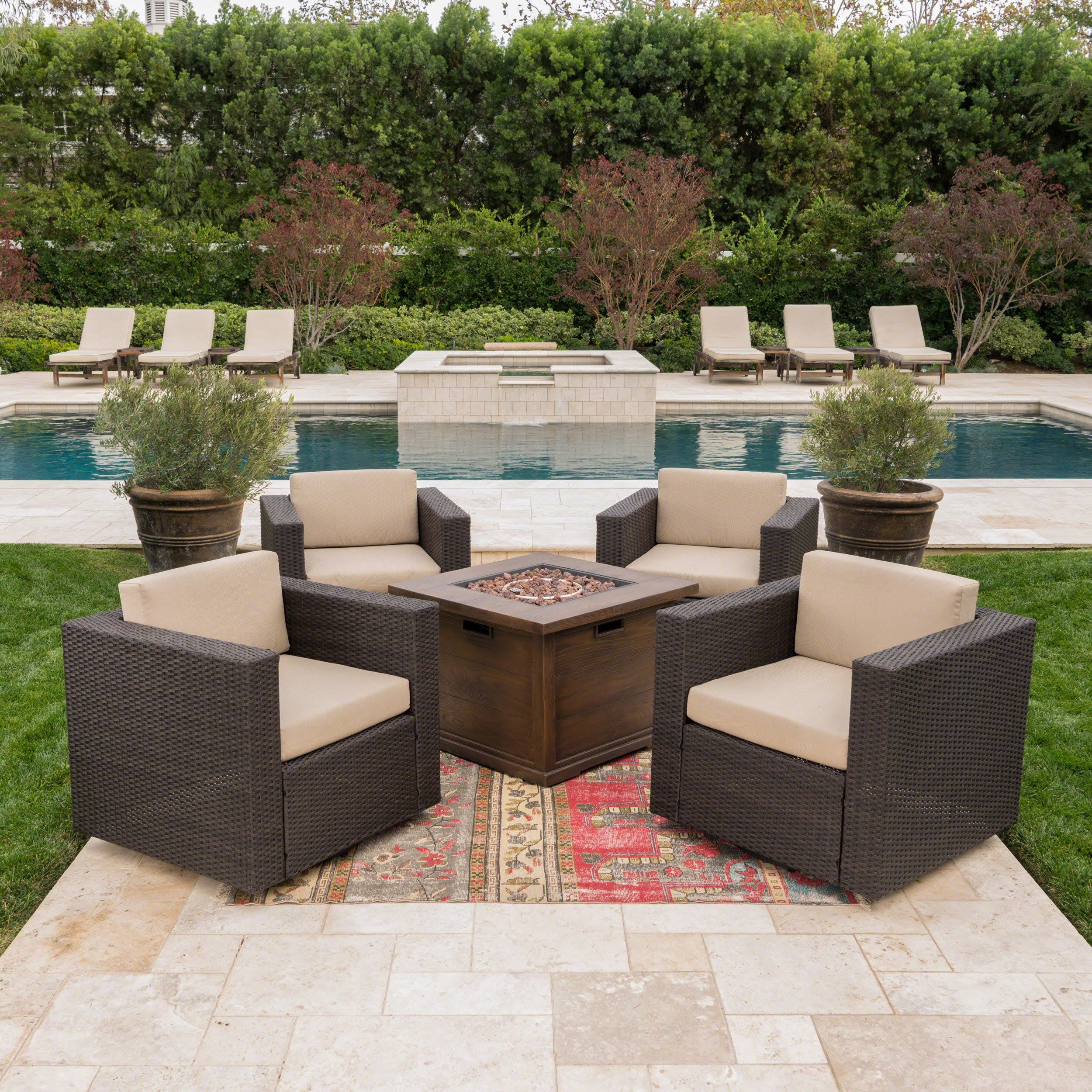 Hamilton Outdoor 5 Piece Wicker Swivel Club Chairs with Brown Gas Fire Pit