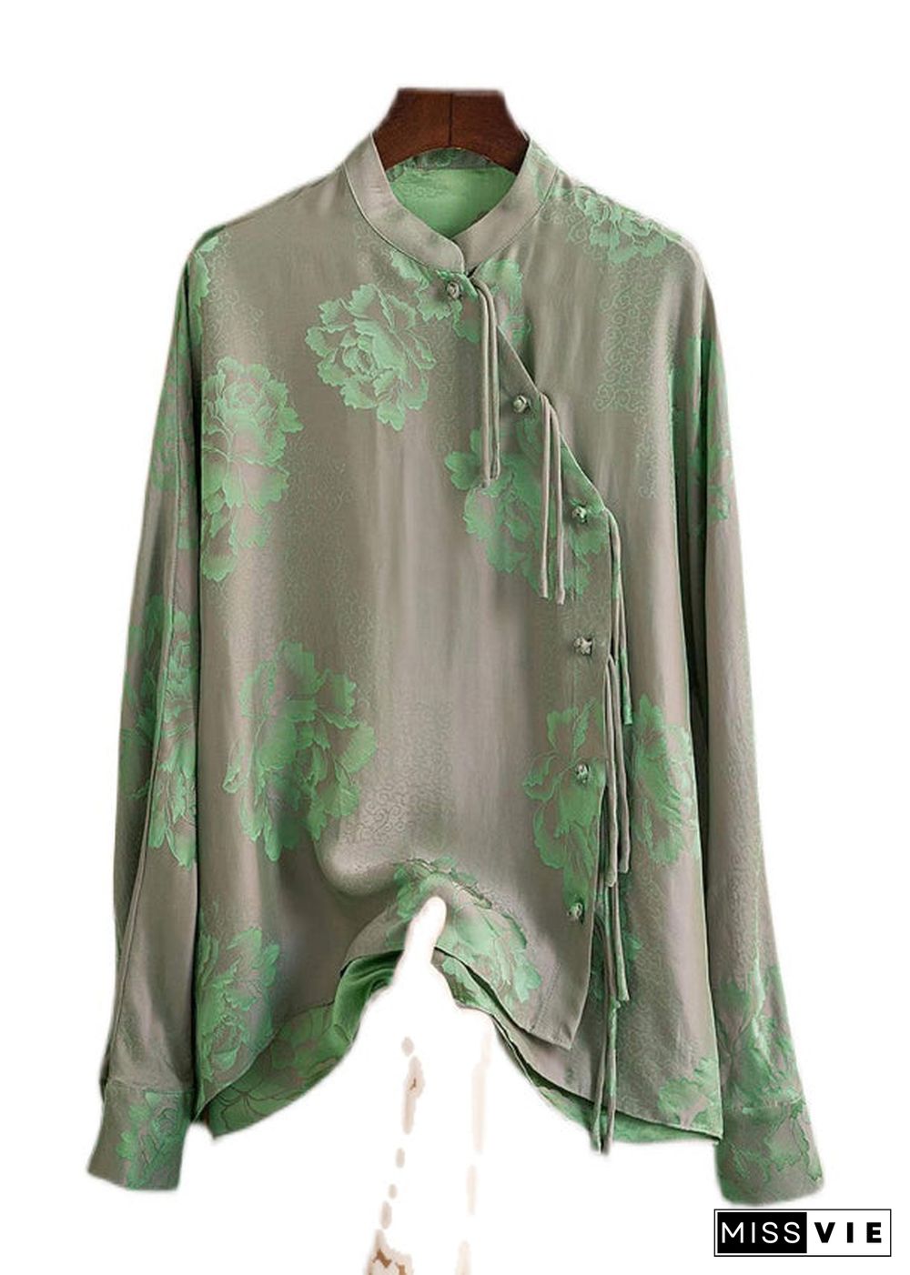 Beautiful Green Mandarin Collar Button Print Silk Shirt Top Spring