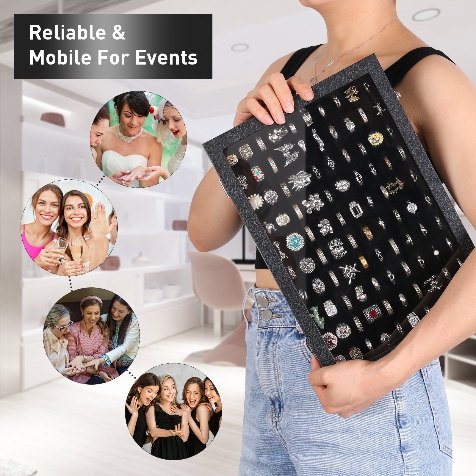 Coward 100 Slots Ring Organizer Display Case,Black Velvet Rings Tray with Glass Lid,Jewelry Displays for Big Wide Rings Selling and Show.