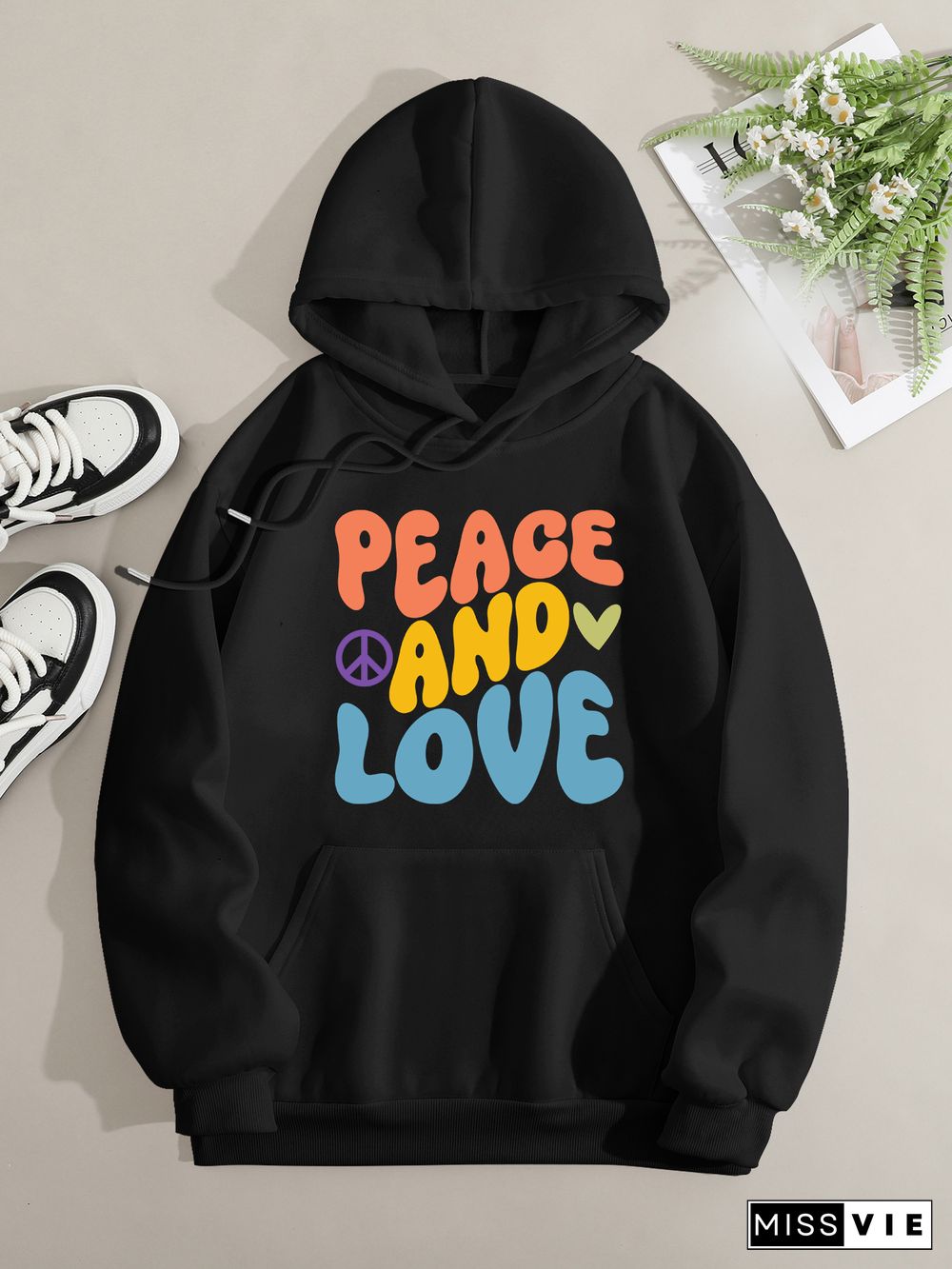 Printed on front Kangaroo Pocket Hoodie Long Sleeve for Women Pattern peace and love