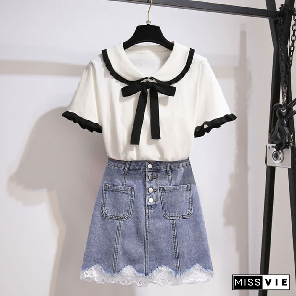 Doll Collar Bowknot Knitted T-Shirt High Waist Denim Skirt