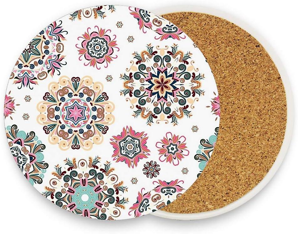 Printed Round Stylized Snowflakes Ceramic Coasters With Cork-backed For Coffee Drink Cup Mat Absorbent Stone Coaster Set Of 1/2/4