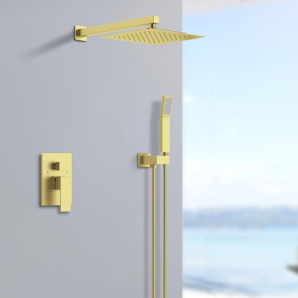 GIVING TREE 1-Spray 12 in. Square Rainfall Shower Head and Handheld Shower Head in Brushed Gold XLHDDFAR0033