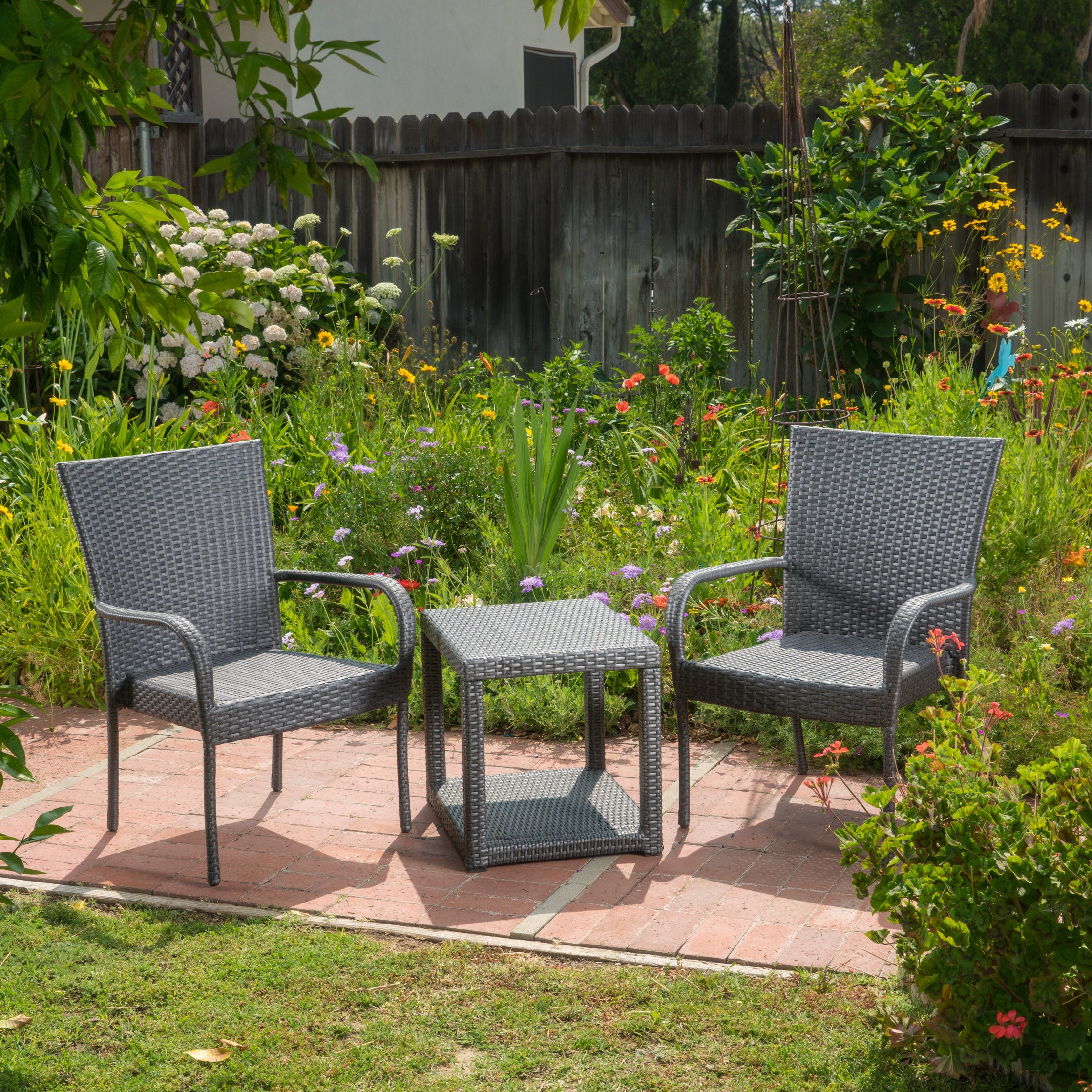 Parham Outdoor 3 Piece Grey Wicker Stacking Chair Chat Set