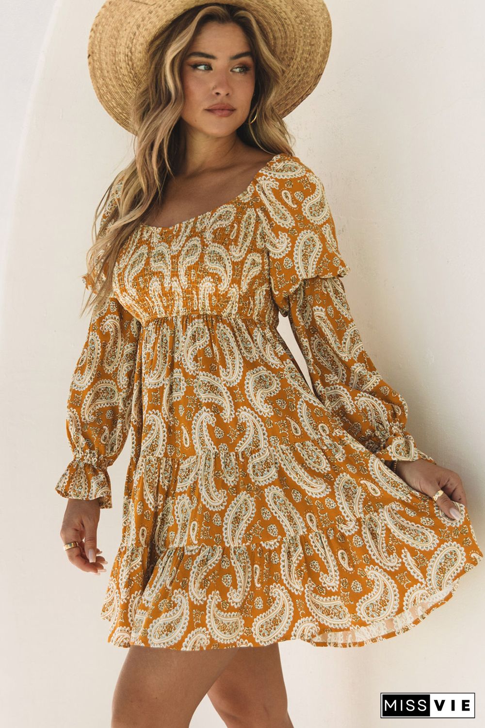 Yellow Boho Paisley Long Sleeve Floral Dress