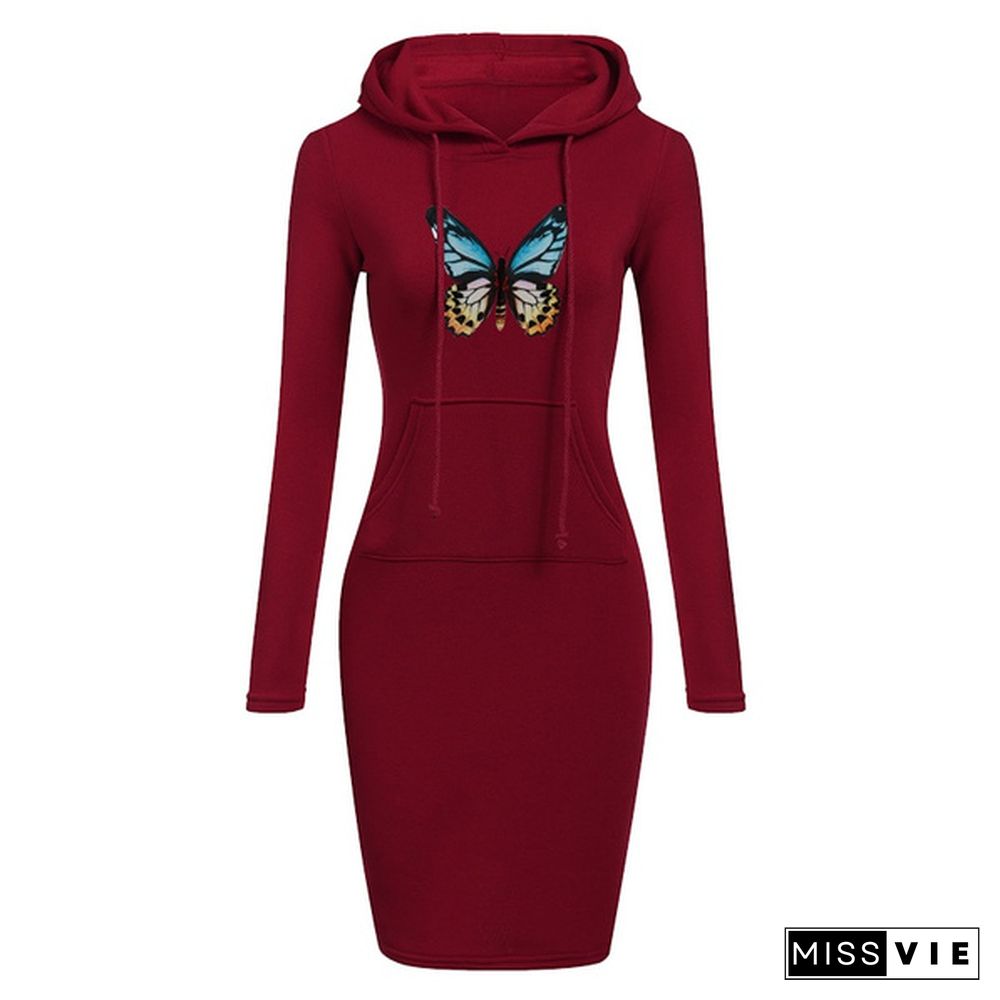 Butterfly Printed Women Hoodie Dress Autumn And Winter Fashion Long Sleeve Hoodie Casual Hooded Jumper Pockets Sweater Dress Pullover Dress