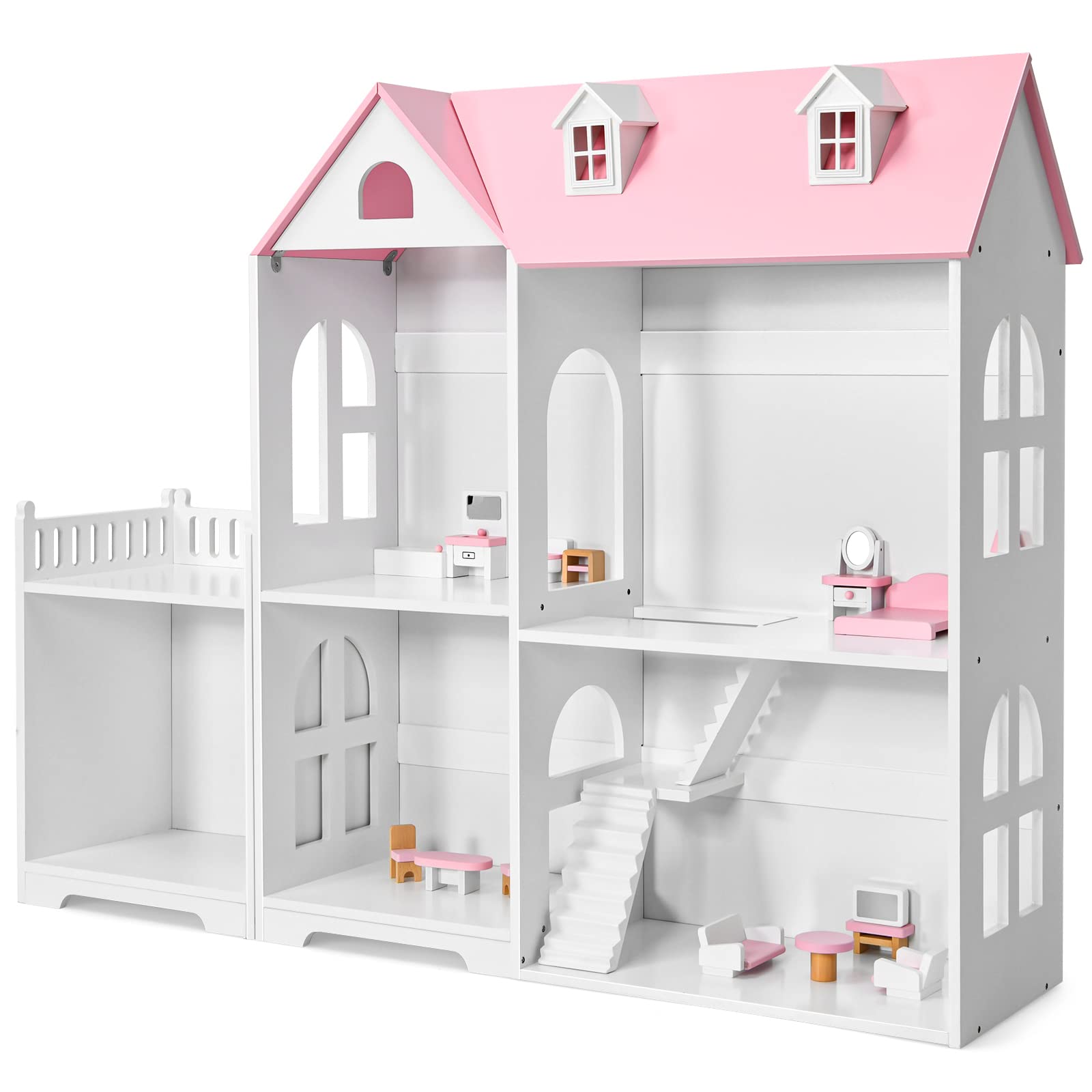 Kids Wooden Dollhouse, 2-in-1 Cottage Dollhouse Bookcase