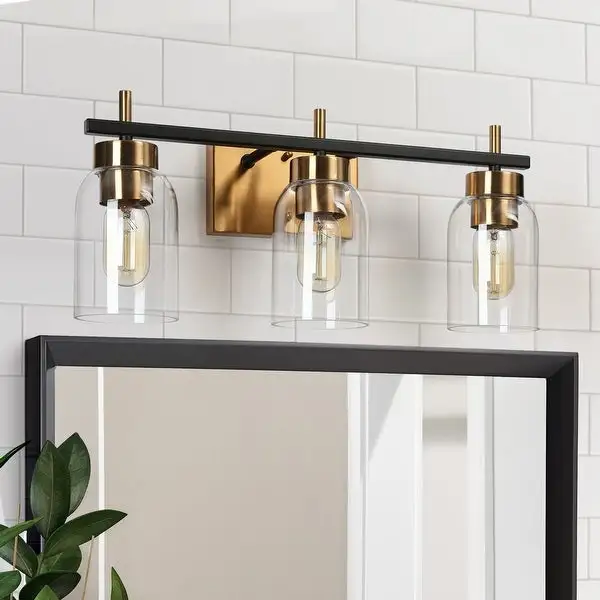 Valina Modern Black Gold 3-Light Bathroom Vanity Light Cylinder Glass Wall Sconces