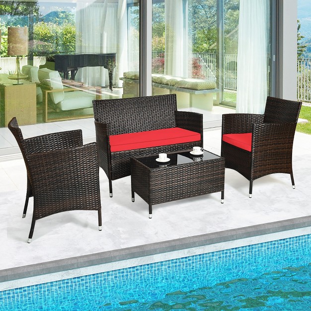 Costway 4pcs Patio Furniture Set Rattan Conversation Set W Tempered Glass Coffee Table Cushion Red