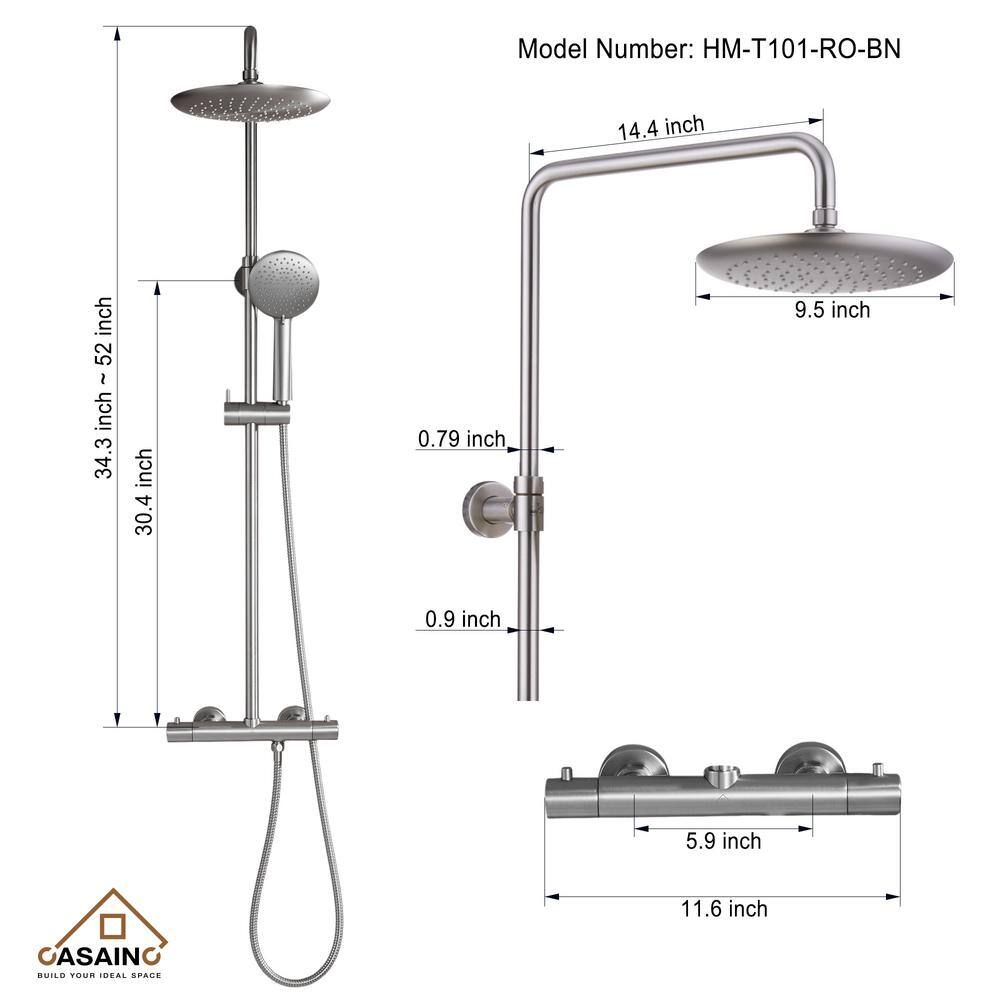 CASAINC 5-Spray Patterns 9.5 in. Thermostatic Rain Shower Faucet Wall Mount Dual Shower Heads in Spot Resist Brushed Nickel HM-T101-RO-BN