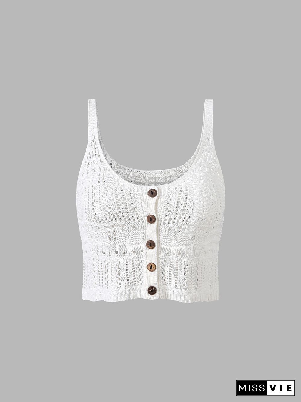 Solid Knit Hollow Button Front Strap Crop Tank Tops