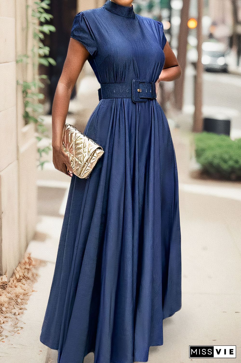 Solid Belted Stand Collar Maxi Dress