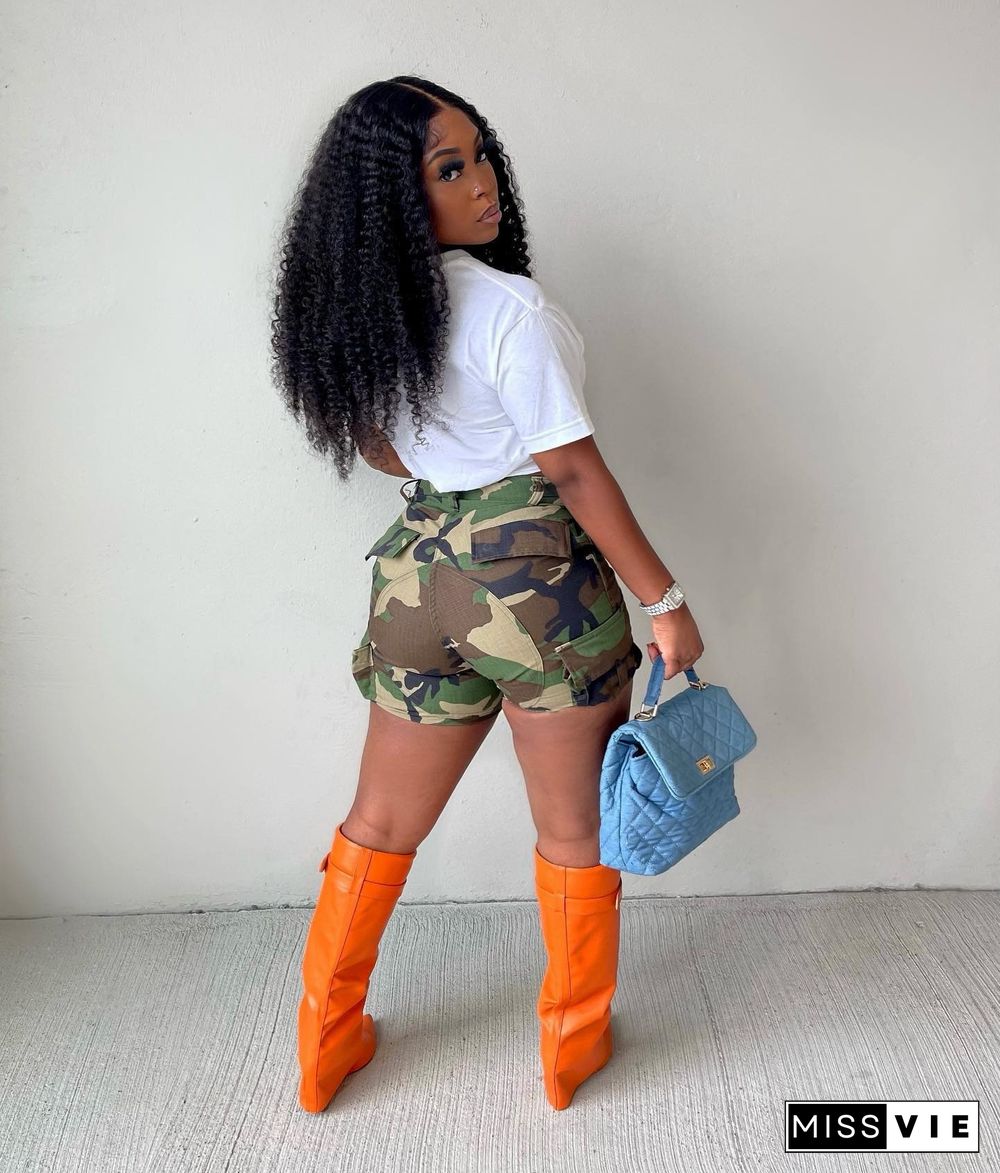 Camo Print High Waist Pockets Casual Shorts