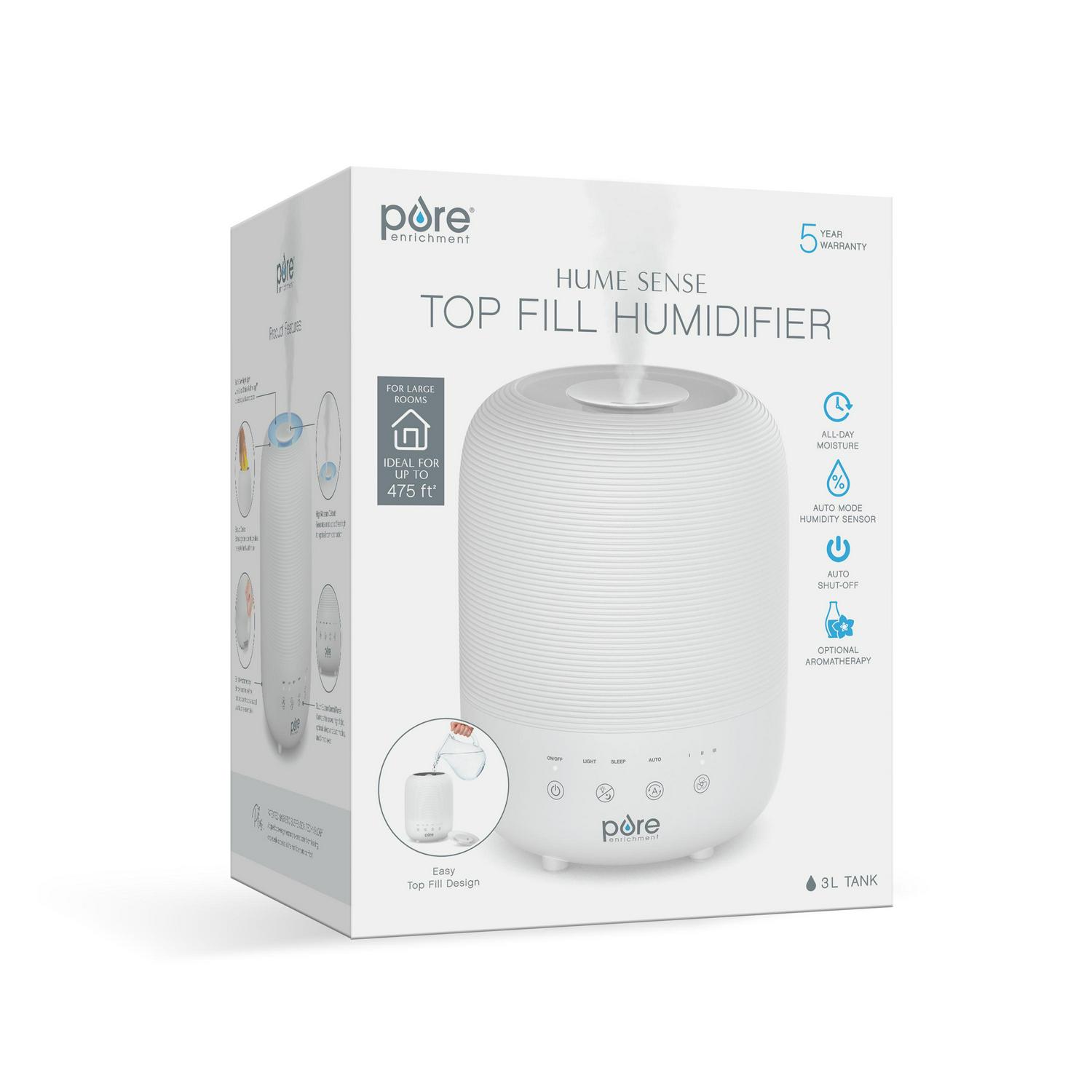 Pure EnrichmentA HUMEa c Sense Top Fill Humidifier -Auto Mode Humidity Sensor， 3 Mist Settings， Patented Magnetic Suspension， Optional Night Light， Optional Aromatherapy， Sleep Mode and Auto Shut-Off