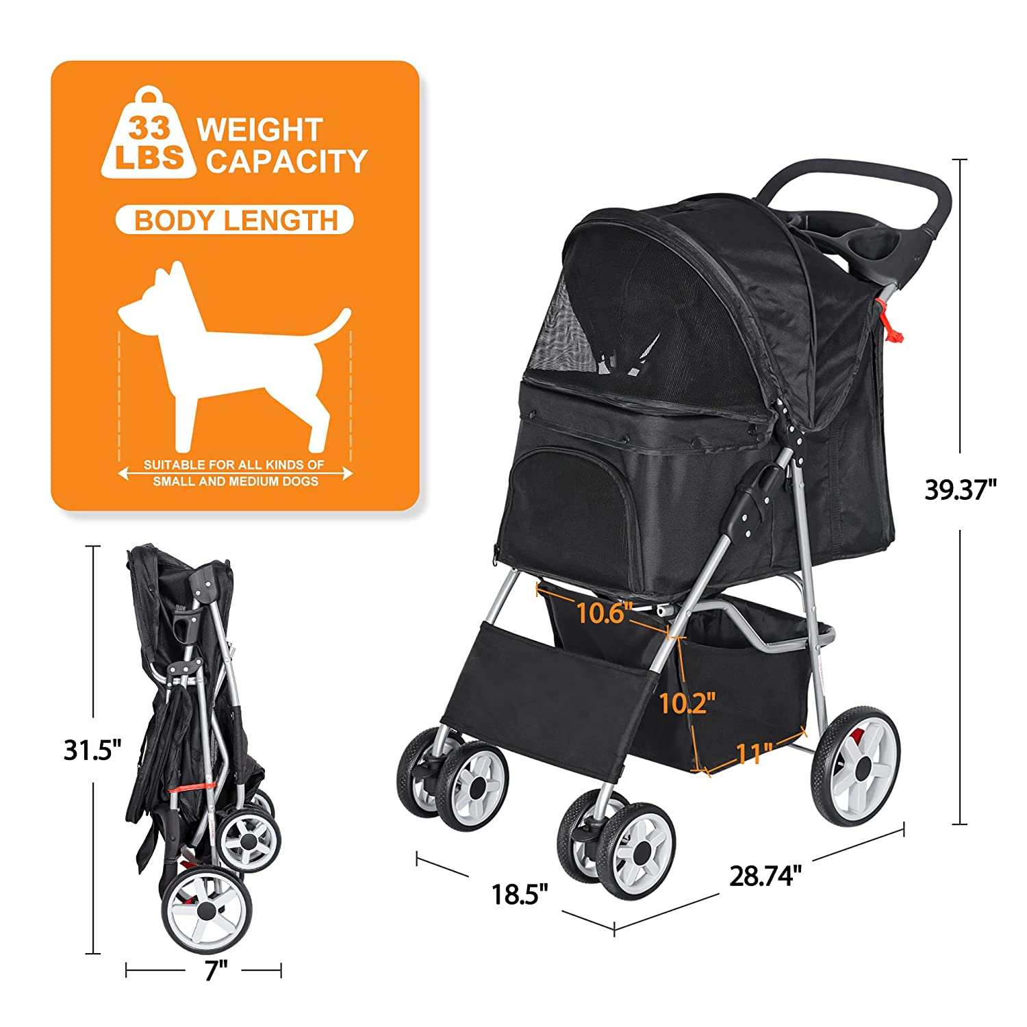 Pet Stroller， 4 Wheel Dog Stroller for Small Medium Dogs and Cats， Easy to Walk Foldable Carrier Strolling Cart with Storage Basket and Cup Holder