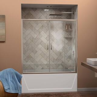 DreamLine Visions 56-60 in. W x 0 in. D x 58 in. H Semi-Frameless Sliding Tub Door in Brushed Nickel SHDR-1160586-04