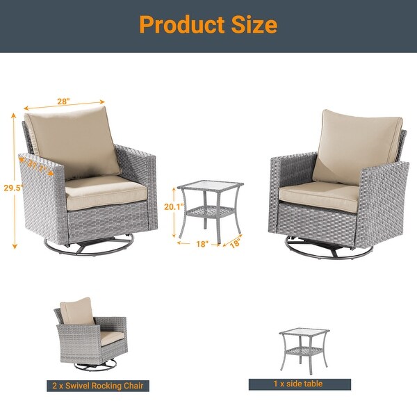 LIVOOSUN 3Piece Patio Sofa Set Gray Rattan Swivel Rocking Chair Glass Table