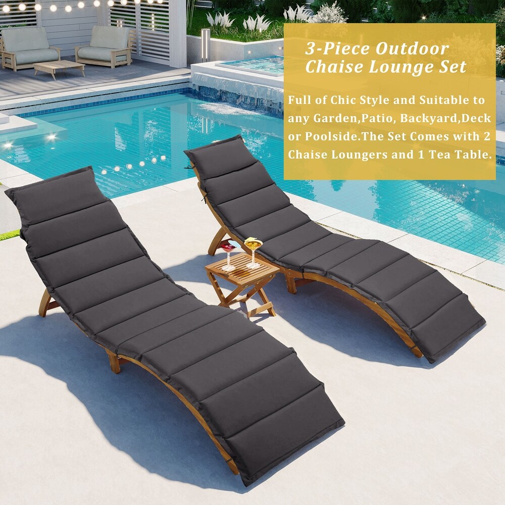 Poolside 3 Piece Wood Portable Extended Chaise Lounge Set with Foldable Tea Table