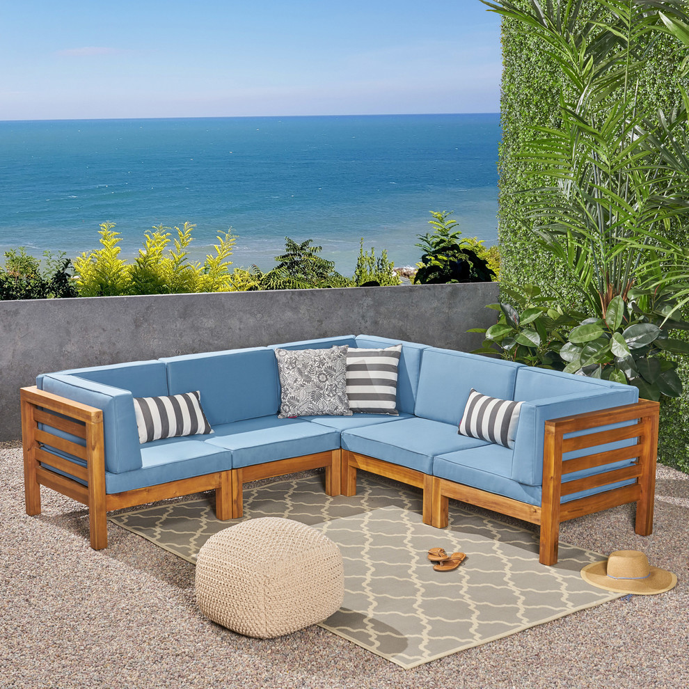 GDF Studio Dawson Outdoor 5 Seater V Shaped Acacia Wood Sectional Sofa Set   Contemporary   Outdoor Sofas   by GDFStudio  Houzz