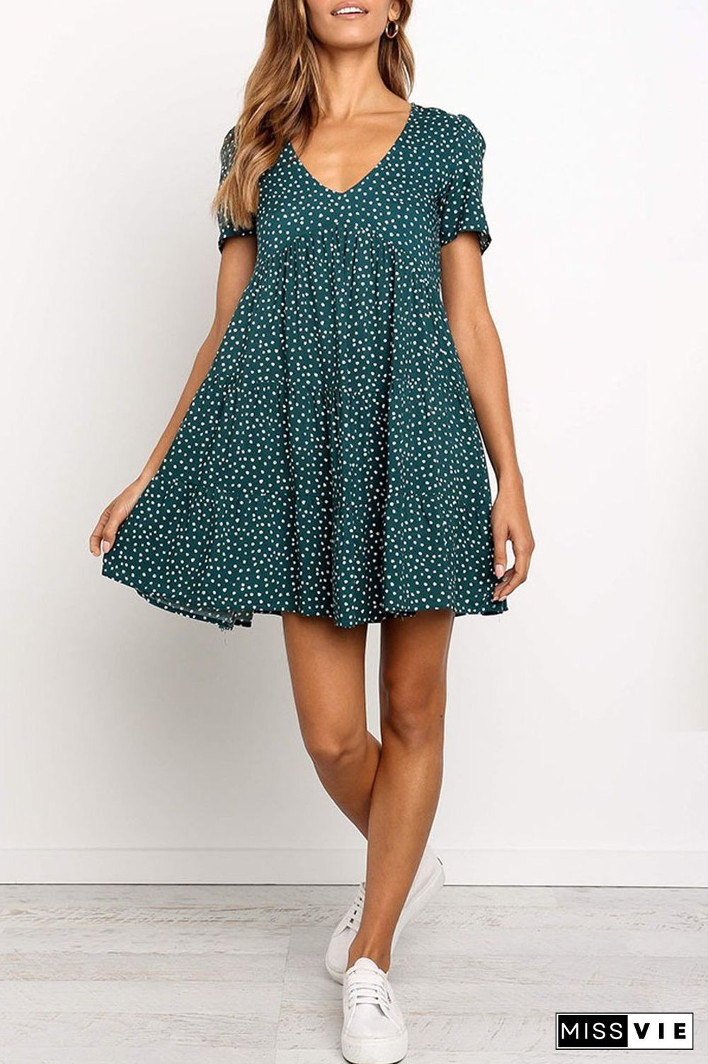 V-Neck Dot Print Short Sleeve Dress