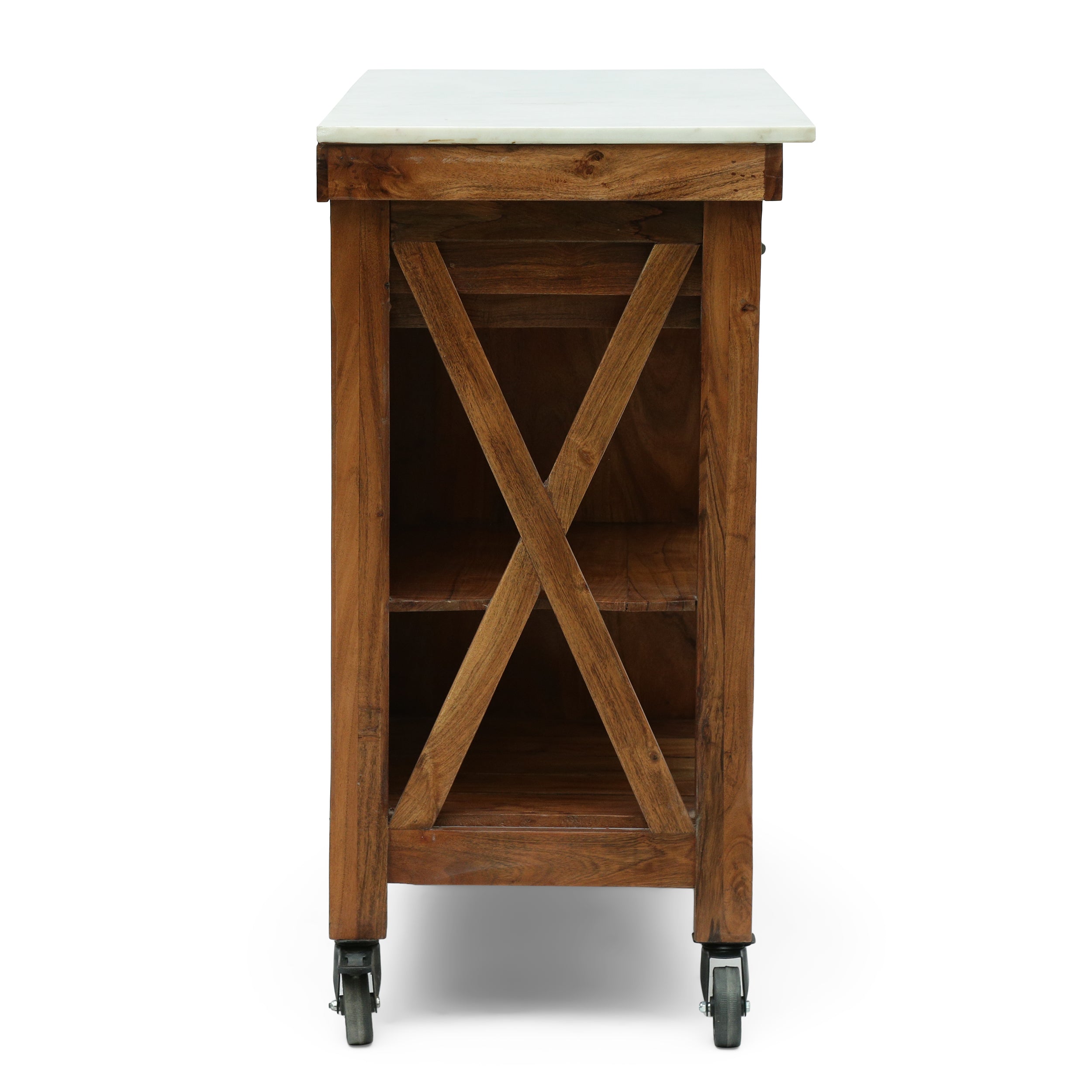 McLarnan Rustic Glam Handcrafted Marble Top Acacia Wood Kitchen Cart with Wheels, Natural and Natural White