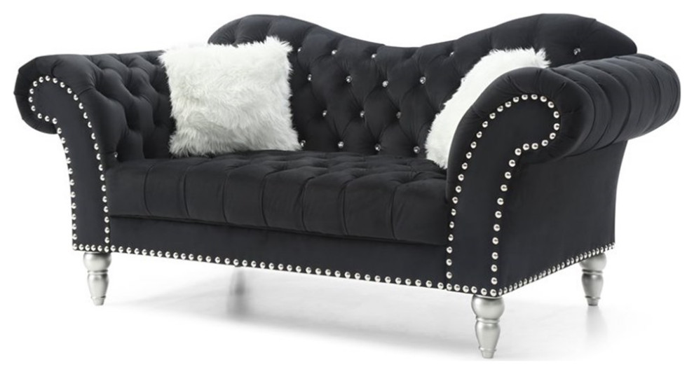 Maklaine Traditional Upholstery Velvet Loveseat in Black Finish   Traditional   Loveseats   by Homesquare  Houzz