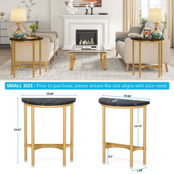 Faux Marble End Table Semi Circle， 20'' Small Half Round Side Tables with Base Metal Legs