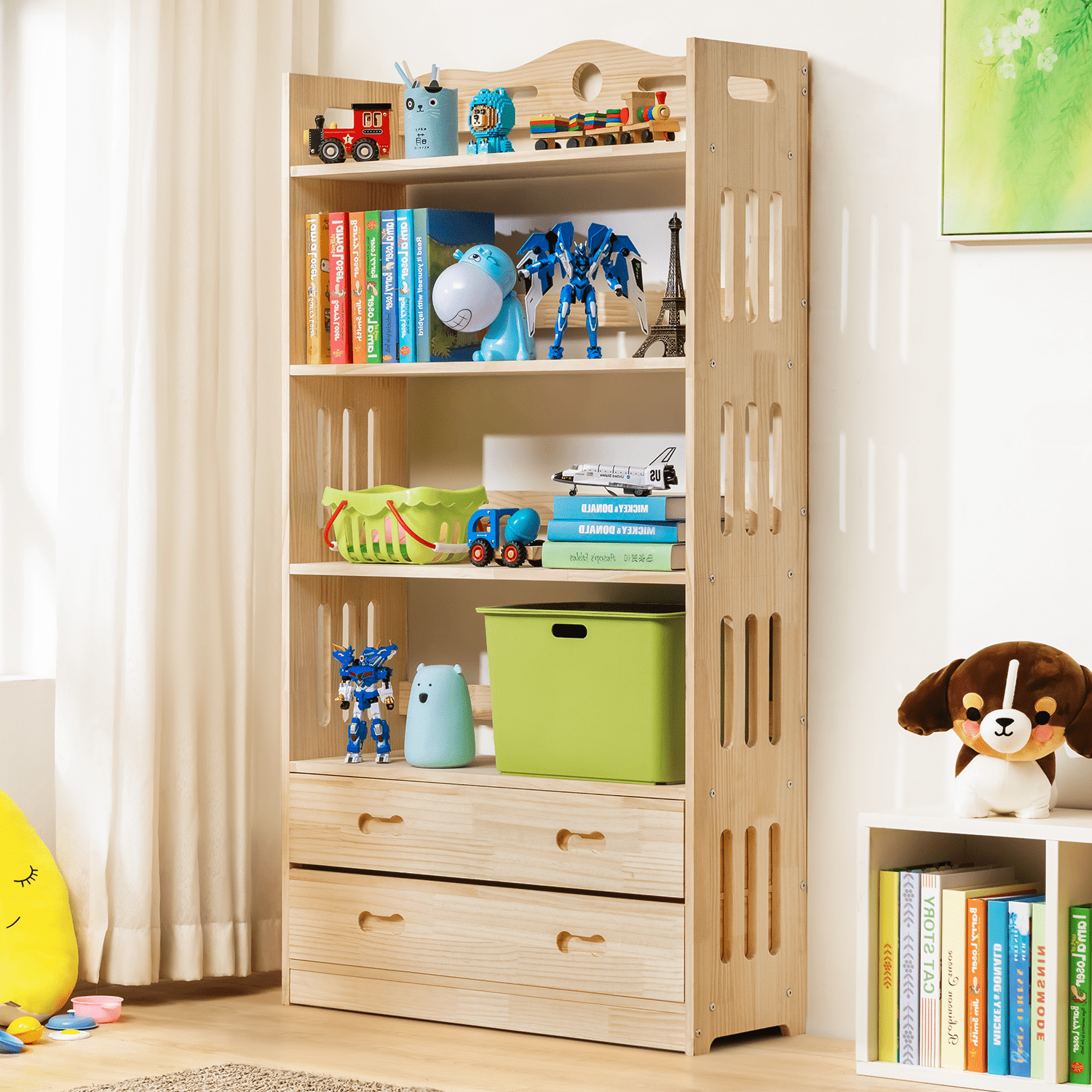 MoNiBloom Wood 5 Shelves 2 Drawers Bookshelf, Books Toys Organizer Bookcase, Natural, for Home