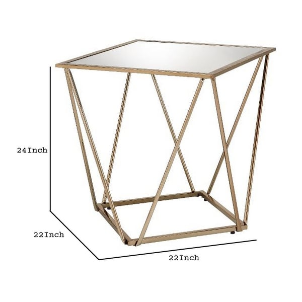 End Table with Mirror Top and Open Geometric Base， Champagne Gold