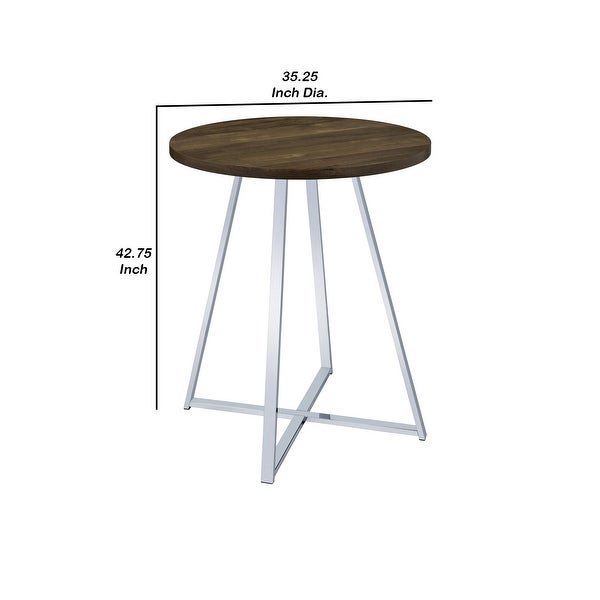 43 Inch Tall Modern Bar Table， Brown Round Top， Polished Chrome Flared Legs