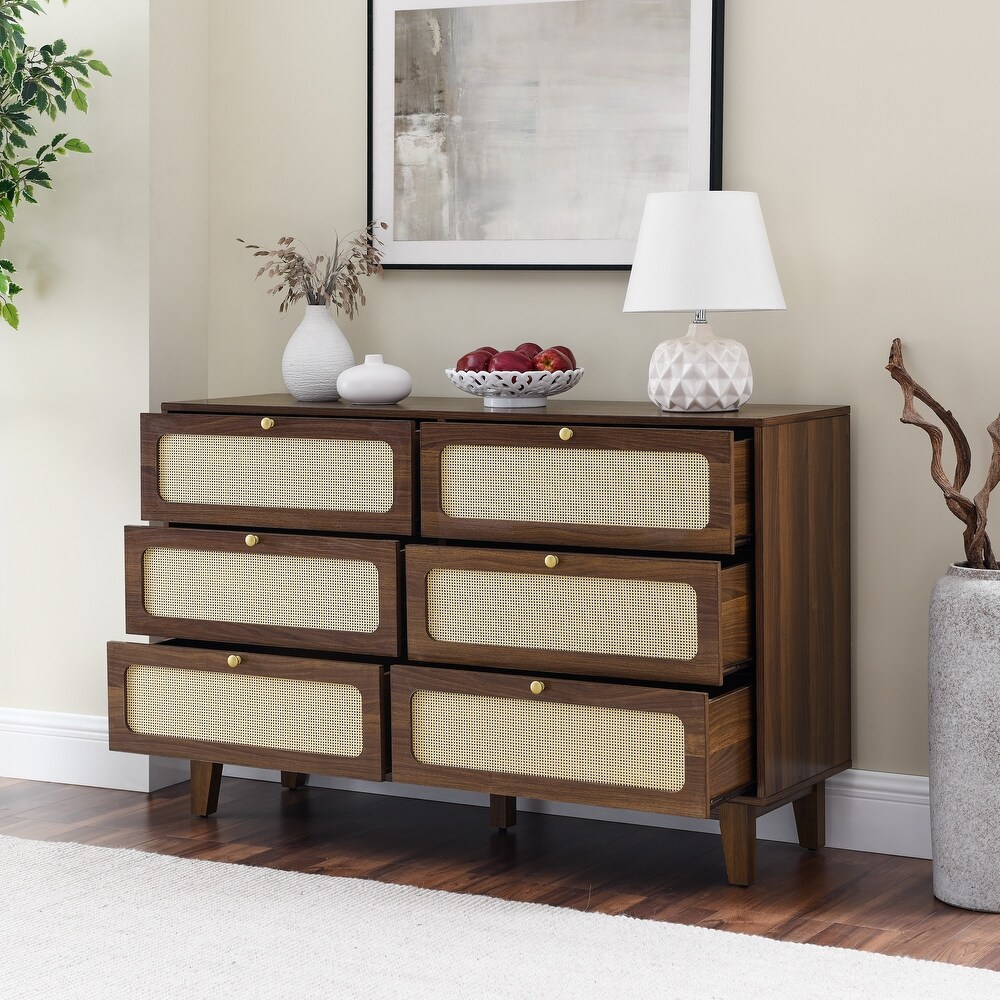 6 Drawers Dresser TV Stand Wooden Corridor Storage Cabinet with Rattan Weave Free Standing Storage Organizer for Hallway