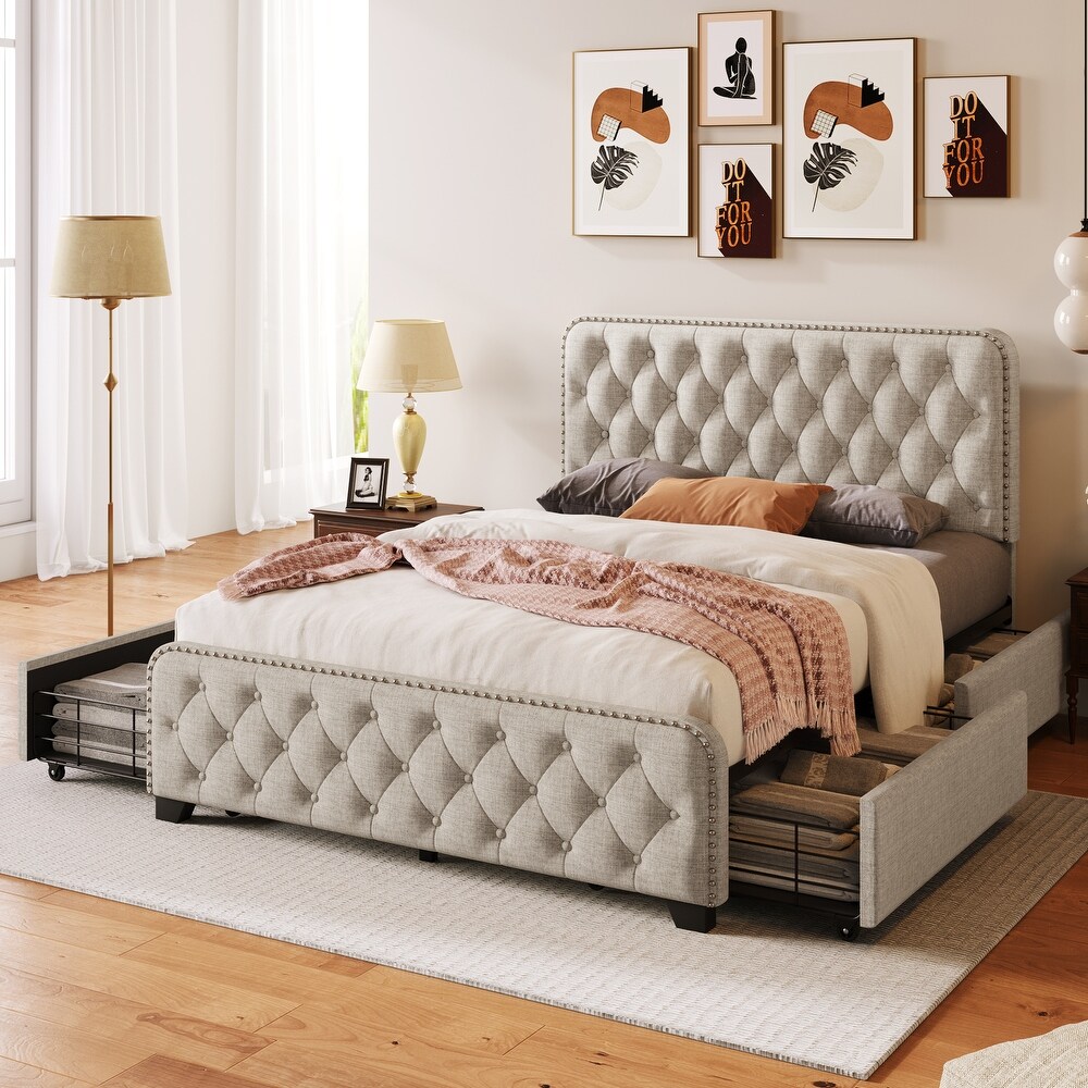 Upholstered Platform Bed Frame with Four Drawers Tufted Headboard and Footboard