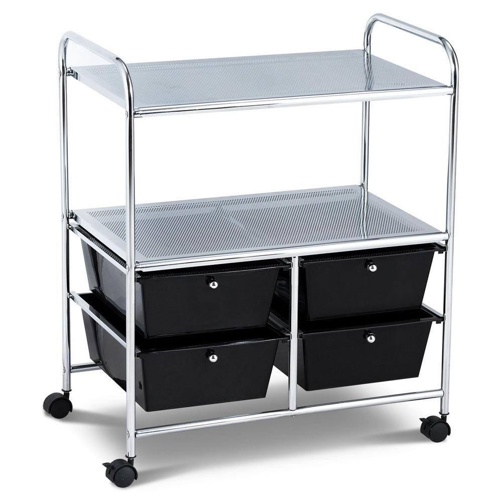 Costway 3-Tier Metal 4-Wheeled Rolling Storage Cart Rack Shelf with 4 Drawers in Black HW54070BK