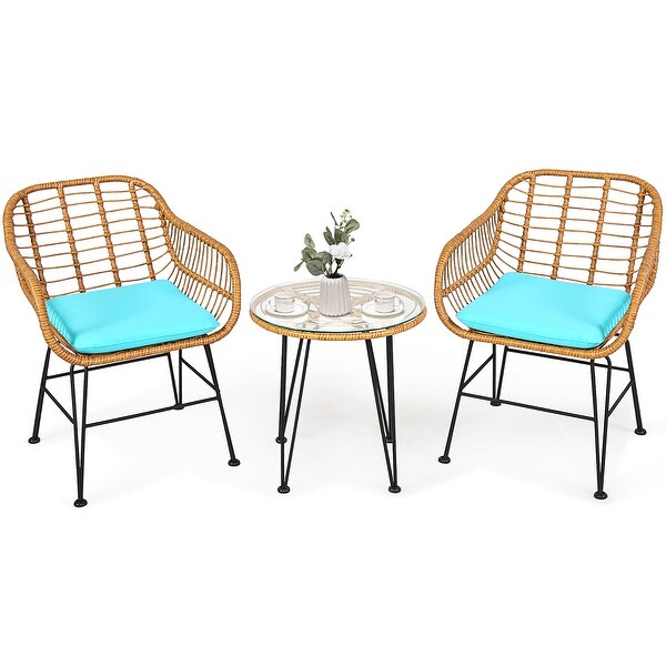 Costway 3PCS Patio Rattan Bistro Furniture Set Cushioned Chair Table