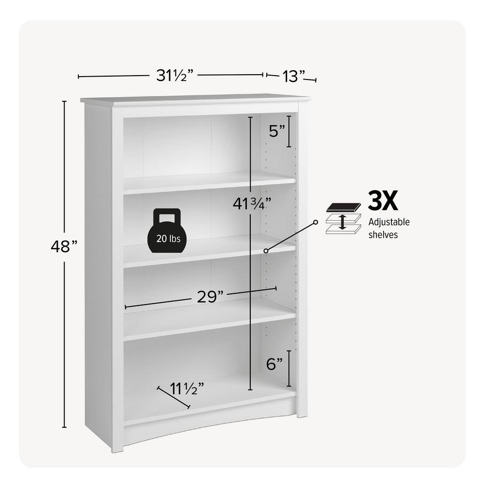 Prepac Home Office 31.5 in. in Wide White 4-Shelf Standard Bookcase WDL-3248