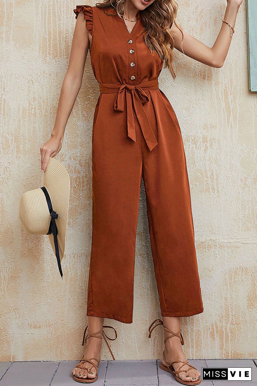 Sleeveless Ruffle Button Up One Piece Jumpsuit