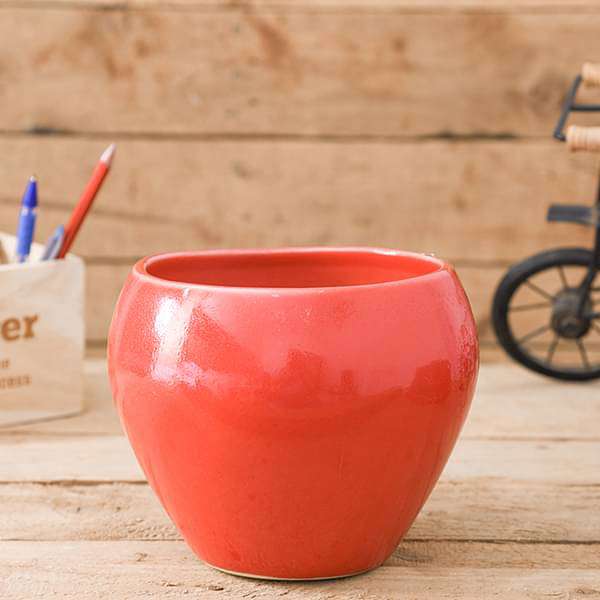 5.7 inch (14 cm) Apple Round Ceramic Pot (Red) (set of 2)