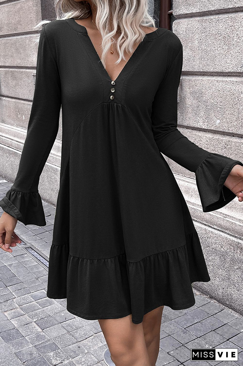 Long Sleeve V Neck Plain Ruffle Dress