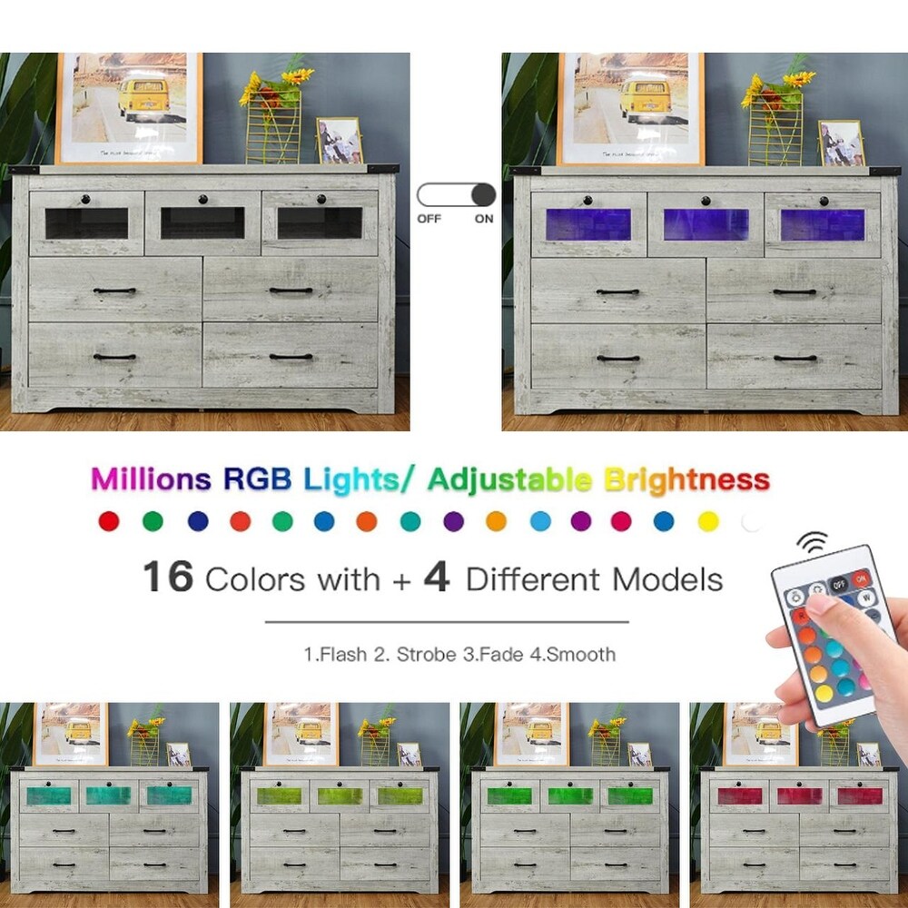 Modern Sideboard Storage Cabinet with LED Lighting and 7 Drawers