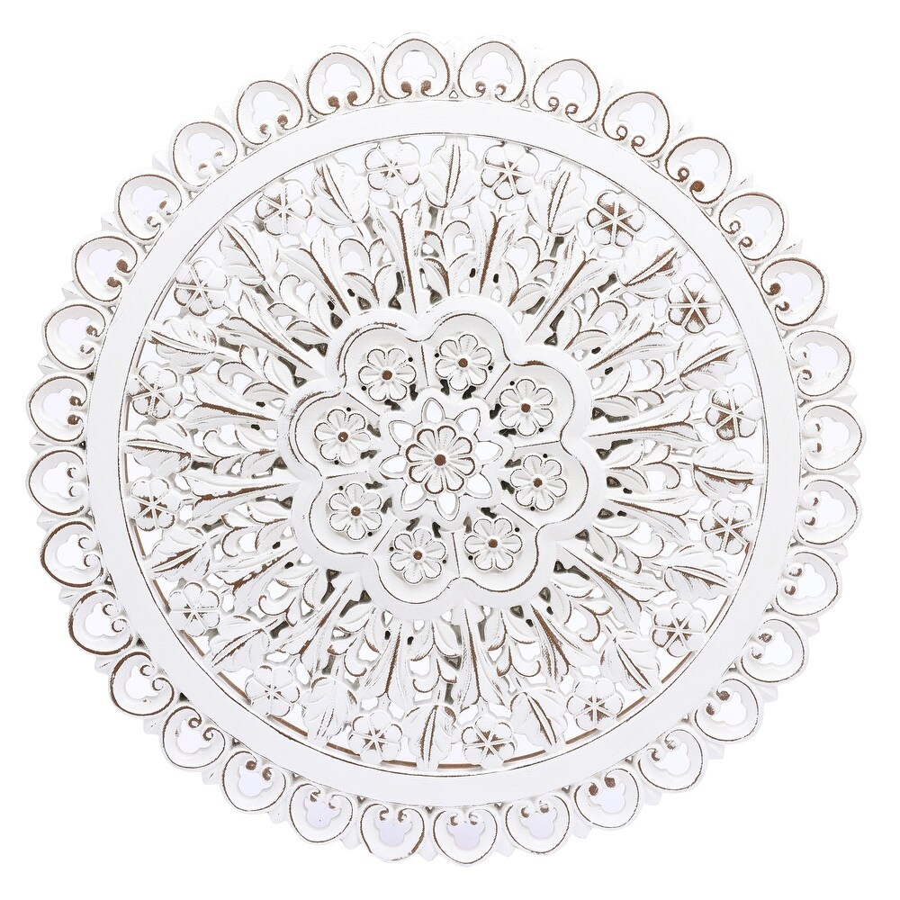 Distressed White Wood Flower Round Wall Art Decor