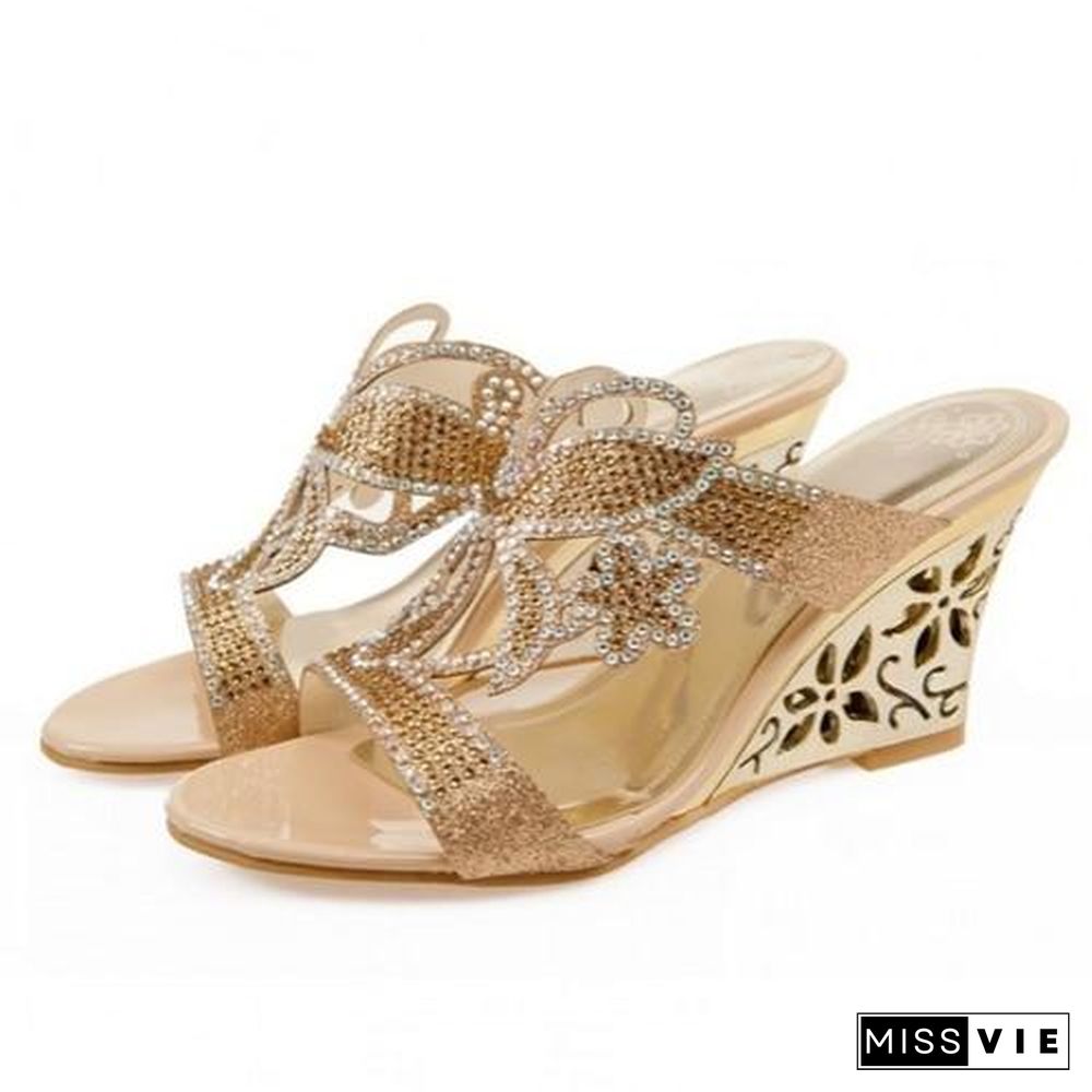 Women Rhinestone Sandals Crystals Cutout Wedge High Heel Open Toe Platform Sandals