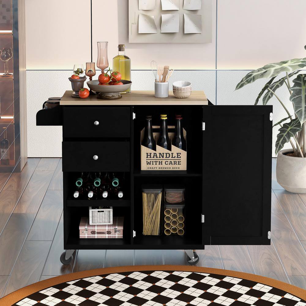 Nestfair Black Wood 42 in. Kitchen Island with Drawers and Spice Rack CWJ062B