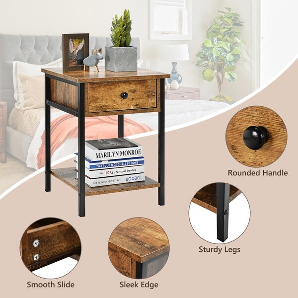 Industrial End Side Table Nightstand with Drawer Shelf - 16'' x 16'' x 22'' (L x W x H)