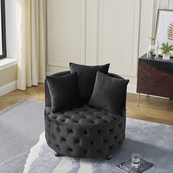 30 Round Velvet Swivel Chair with 3 Pillows and Button Tufted